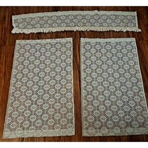Vintage Lace Curtain Set Ivory Daisy Floral 3 PC Fringe Cottage Farmhouse 58"